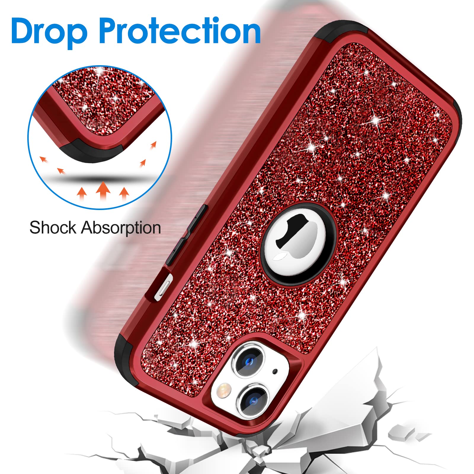 Hython Glitter iPhone 13 Case - Sparkly Shiny Bling Protective Cover with 3-in-1 Hybrid Design (Hard PC + Soft TPU) | Shockproof Full Body Protection for Women & Girls | Perfect for Everyday Use, Parties & Gifts (Red)