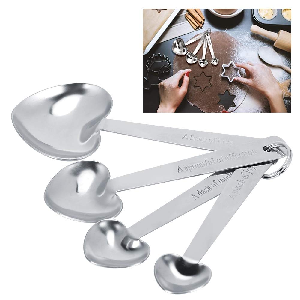 4Pcs Heart Shaped Measuring Spoons Set - Stainless Steel Kitchen Measuring Scoops for Baking, Cooking & Coffee - Perfect for Home Bakers & Cooking Enthusiasts