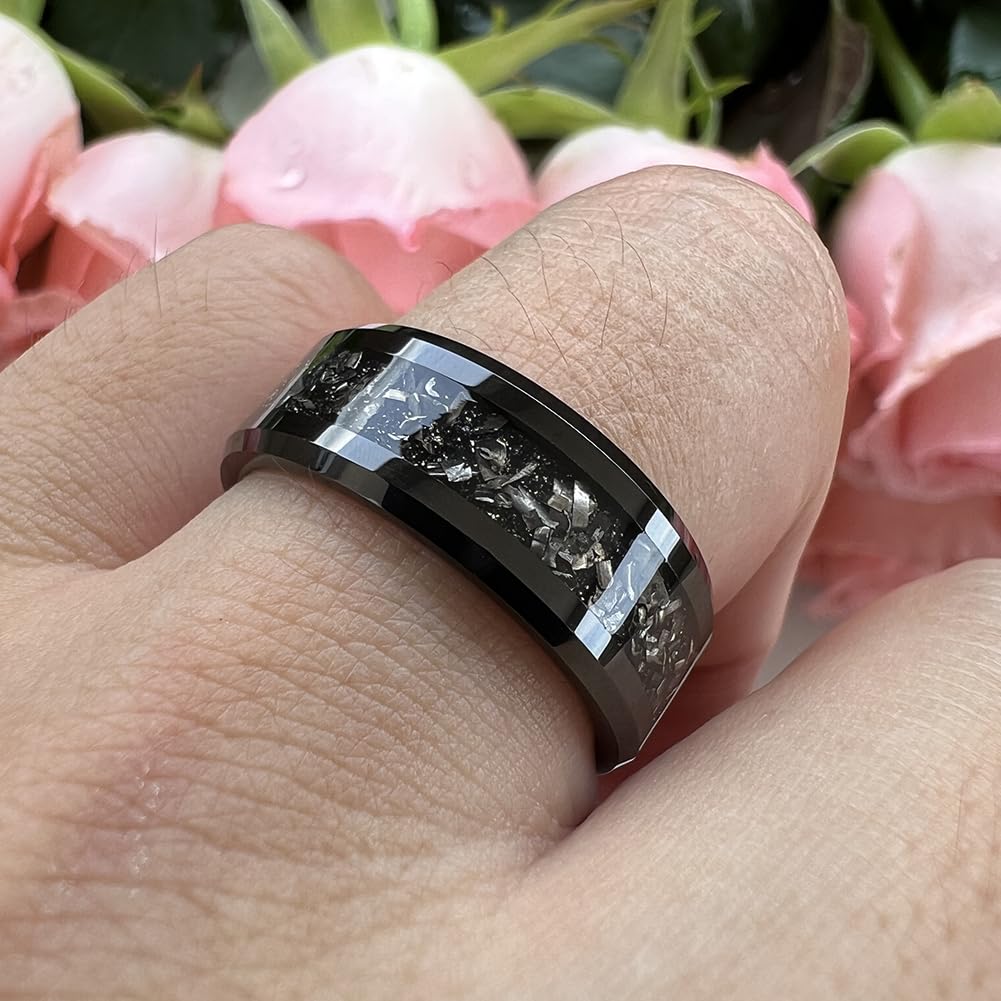 6mm & 8mm Silver Black Tungsten Rings for Men & Women - Meteorite Inlay Wedding Bands, Promise & Engagement Rings with Beveled Edges, Polished Shiny Comfort Fit - Perfect for Anniversary Gifts, Couple Rings & Special Occasions