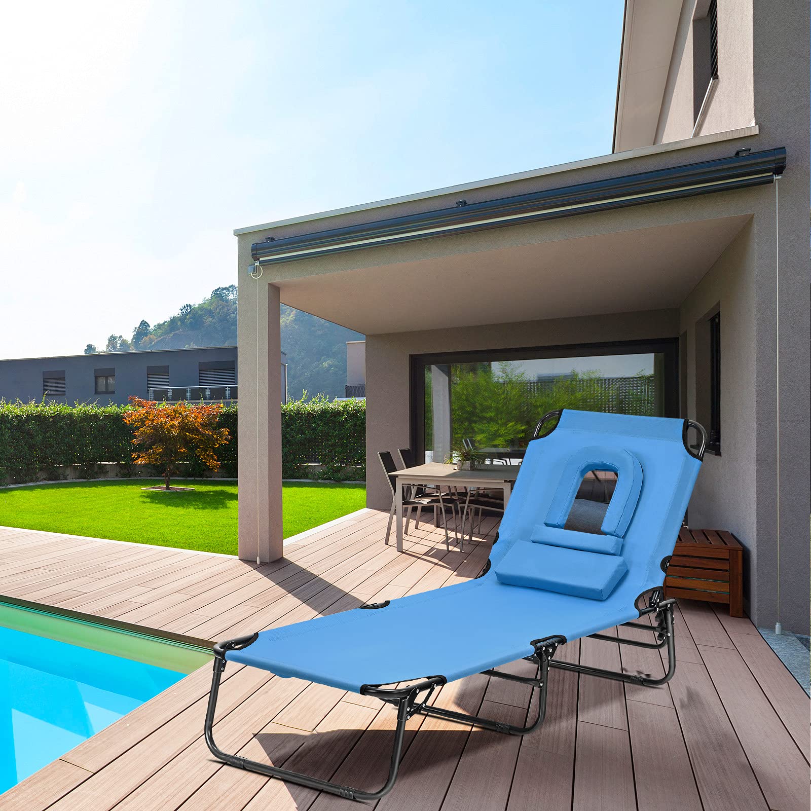 Giantex Outdoor Chaise Lounge Chair - Foldable Beach Chair with 5 Adjustable Positions, Breathable Hole Design, Detachable Pillow & Hand Ropes for Comfort | Perfect for Sunbathing, Poolside Relaxation, Backyard, Patio & Garden Use