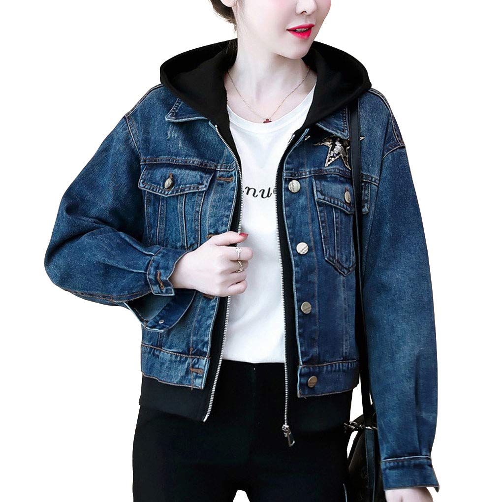 Ebossy Women's Distressed Sequin Star Denim Jacket - Cropped Hooded Jean Jacket for Casual Outfits, Parties & Street Style Fashion