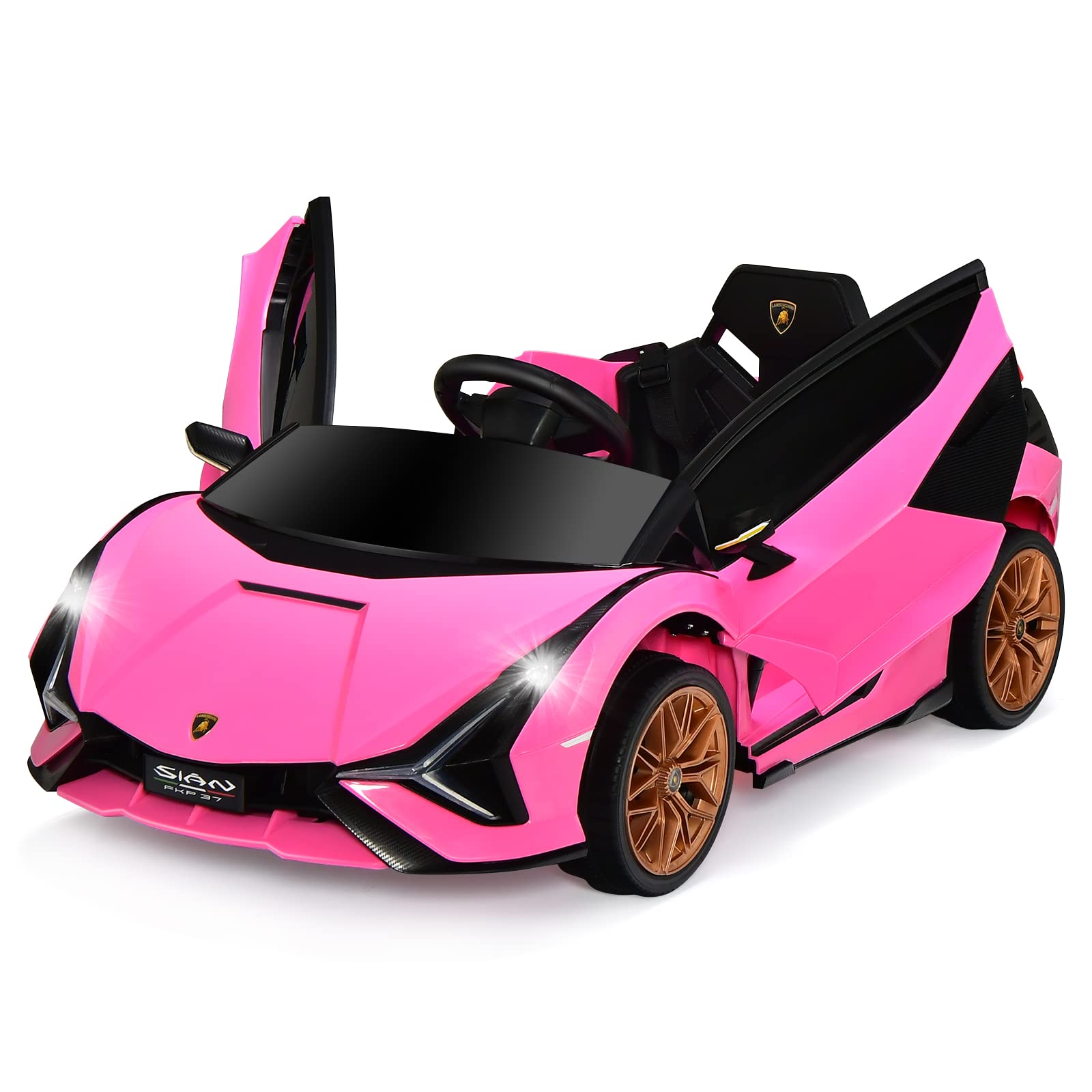 INFANS 12V Licensed Lamborghini Sian Kids Electric Ride-On Car with Parent Remote Control - Spring Suspension, MP3 Player & Carbon Fiber Texture - Pink Toddler Toy Roadster for Birthday Gifts & Outdoor Play