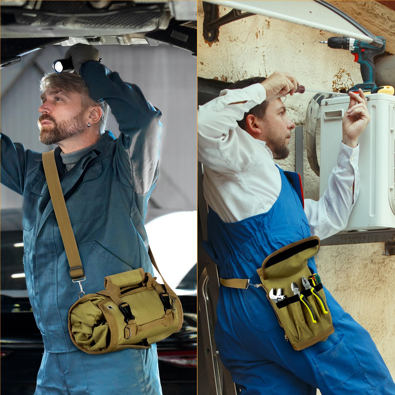 Tomorotec Heavy Duty Roll Up Tool Bag Organizer with 2 Detachable Pouches - Labeled Compartments & Expandable Pockets for Compact Tool Storage - Perfect for Electricians, Mechanics & DIY Home Improvement Projects