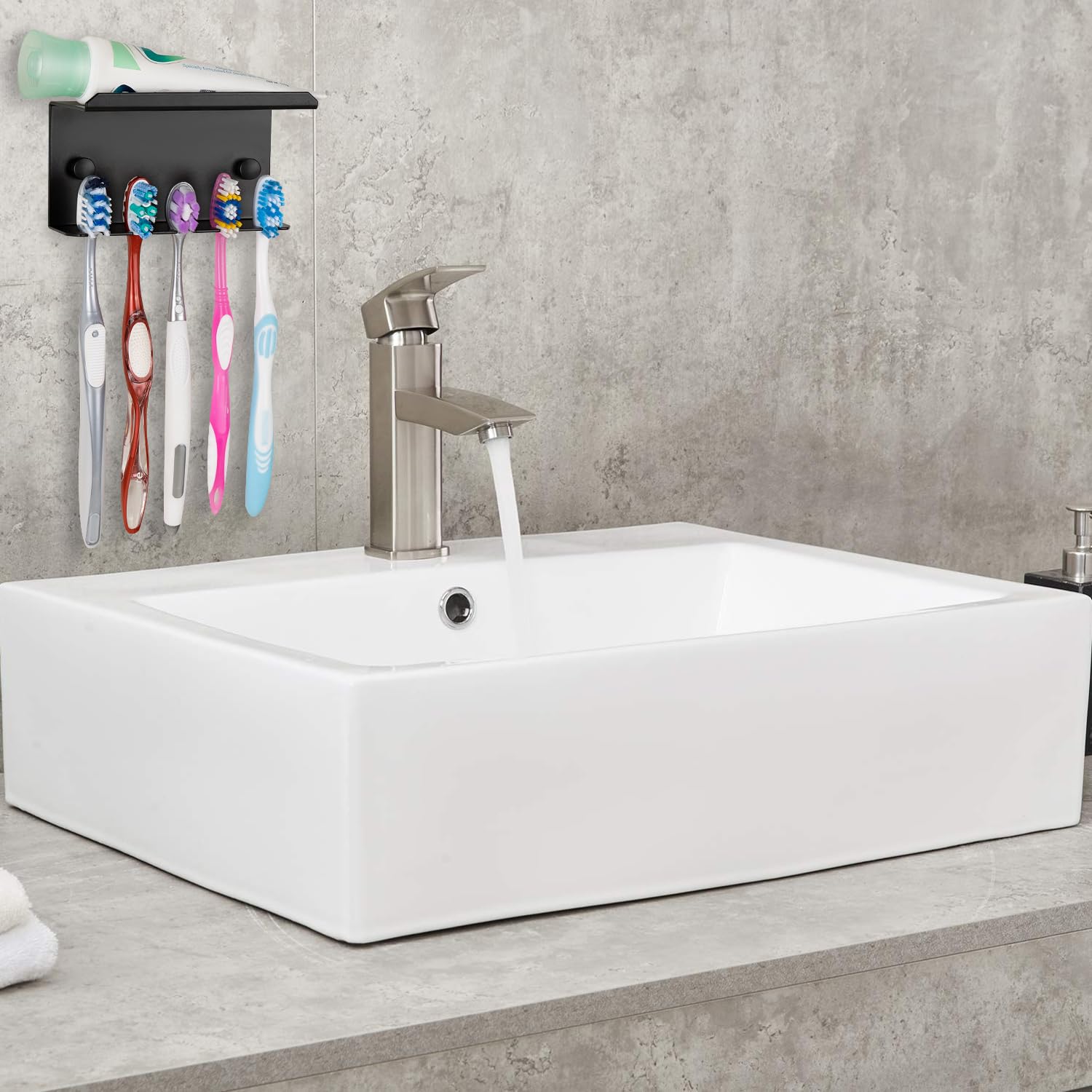 Linkidea Wall Mounted Toothbrush Holder - 5 Slot Aluminum Self-Adhesive Organizer for Colgate Extra Clean & Oral-B CrossAction Brushes - Perfect for Shower, Bathroom & Travel (Black)