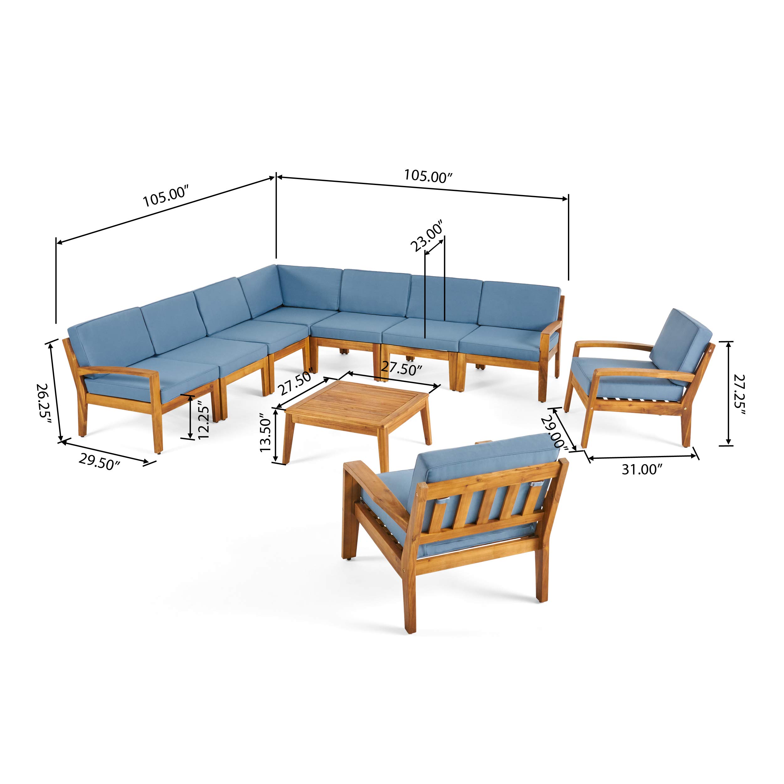 Premium 7-Piece Acacia Wood Patio Sectional Sofa Set with Cushions - Includes Coffee Table & Club Chairs - Weather-Resistant Teak Finish & Blue Fabric - Perfect for Outdoor Lounging, Backyard Gatherings & Poolside Relaxation