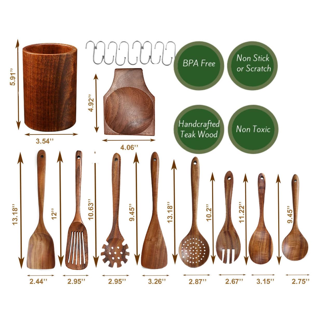 Premium Teak Wood Kitchen Utensil Set with Wooden Holder, Spoon Rest & Hooks - 100% Natural Eco-Friendly Cooking Tools for Baking, Stirring & Serving - Perfect for Home Chefs & Modern Kitchens