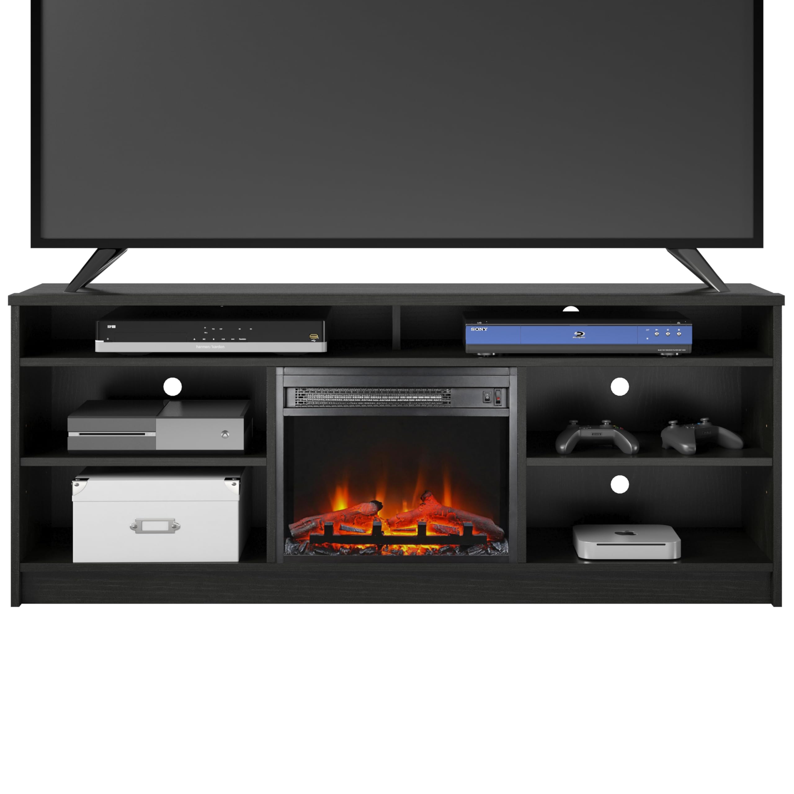 Ameriwood Home Hendrix 65 Inch Fireplace TV Stand with Electric Heater Insert - Realistic Log & Flame Effect - Black Oak Finish for Living Room & Bedroom - Perfect for Home Entertainment & Cozy Winter Nights
