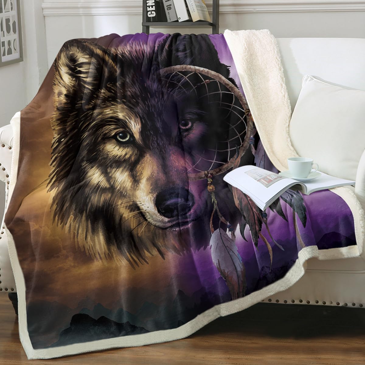 Premium Wolf Dreamcatcher Fleece Throw Blanket - Ultra Soft Super Plush Brown & Purple Wolf Blanket for Bed, Couch, Travel (50