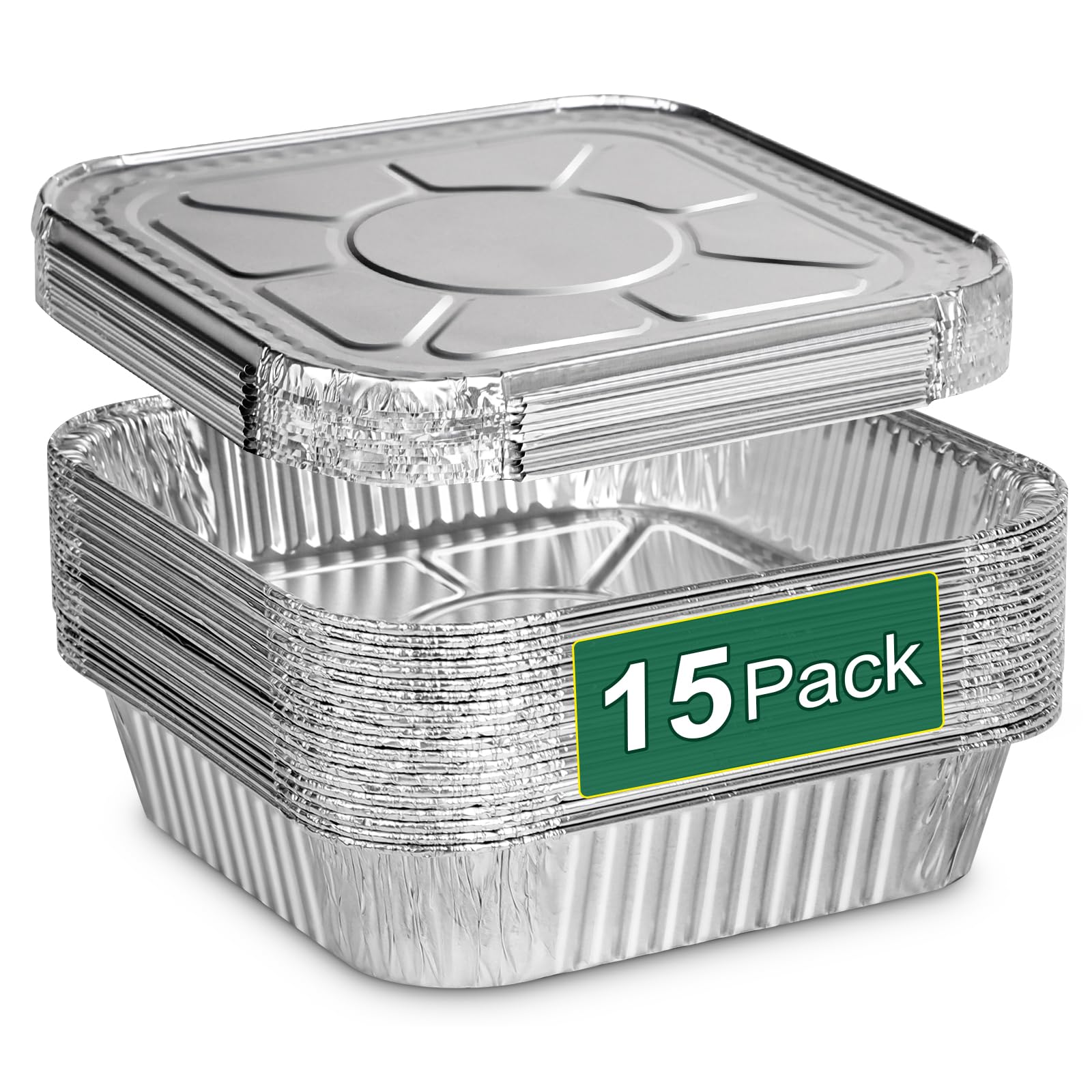 8x8 Inch Disposable Aluminum Foil Pans with Lids (15 Pack) - Heavy-Duty Baking Trays for Air Fryer, Oven, Microwave - Reusable & Leakproof Design - Perfect for Meal Prep, Party Serving & Holiday Cooking