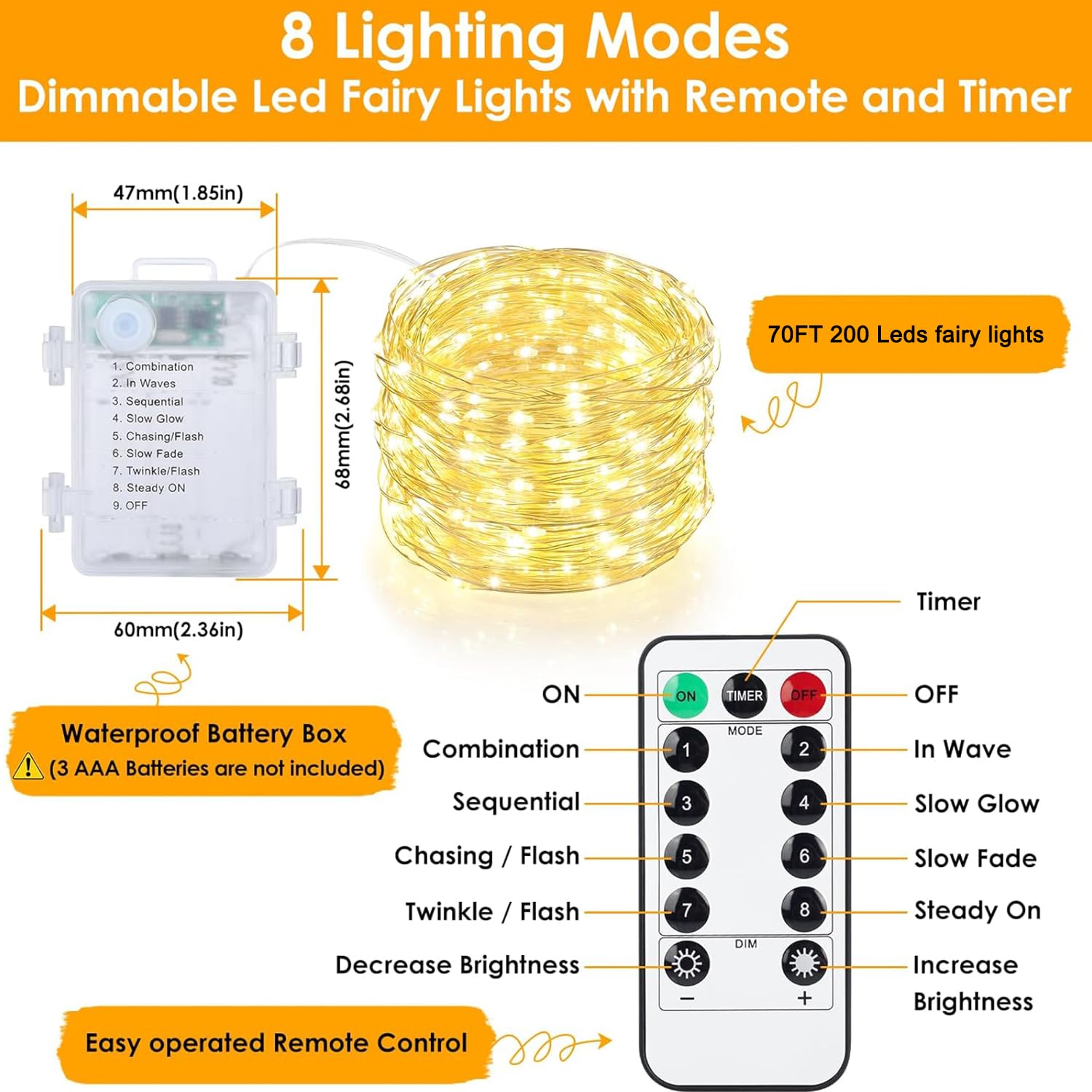 200 LED Fairy Lights 70Ft Battery Operated with Remote & Timer - Waterproof Christmas String Lights for Indoor Outdoor Decor - Perfect for Bedroom, Classroom, Xmas Party, Wedding & Home Decoration