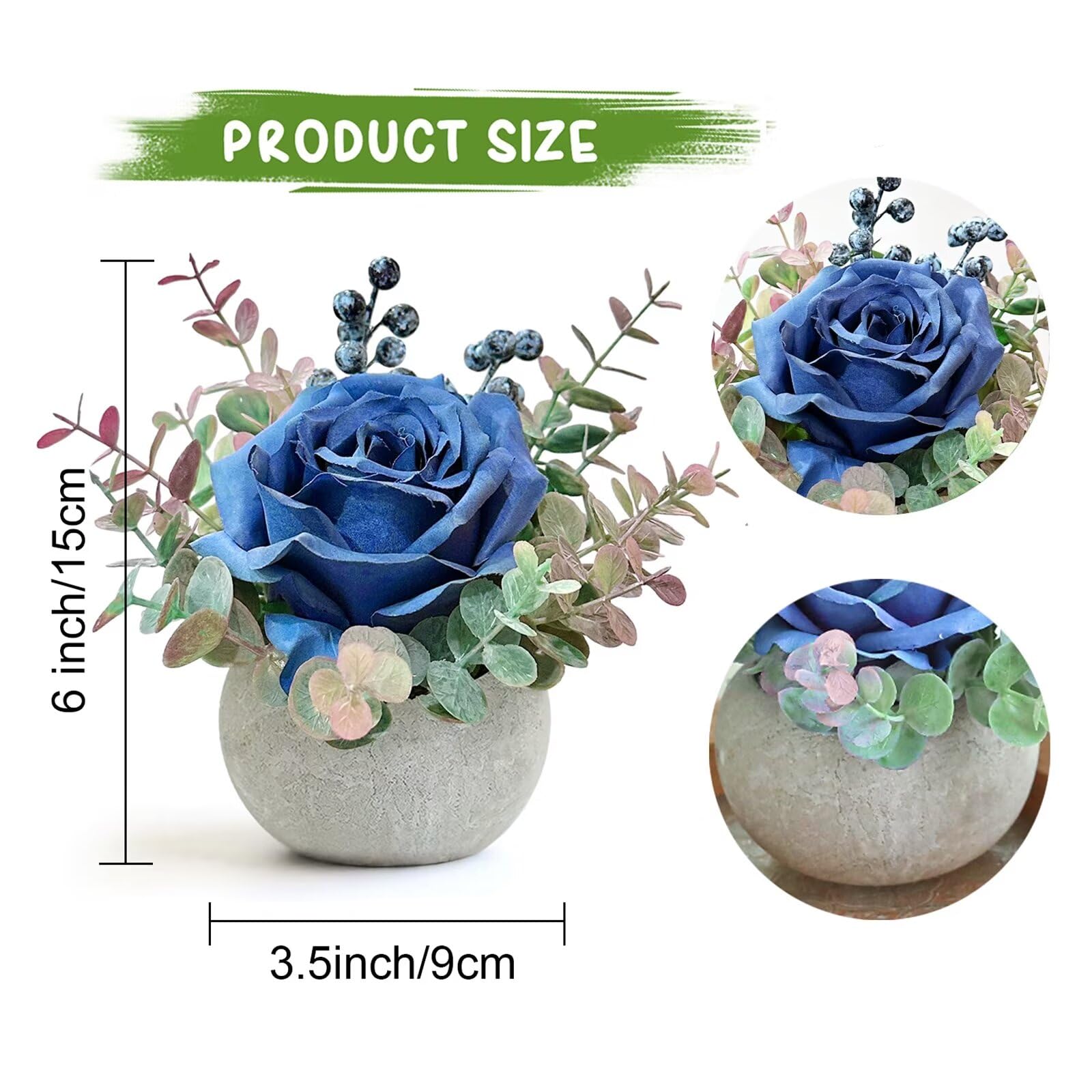 Blue Rose Artificial Flowers in Pots - Small Fake Potted Plants for Home Office Decor, Bathroom, Living Room, Wedding & Party Table Centerpieces | Perfect for Indoor Décor, Gift Giving & Event Styling