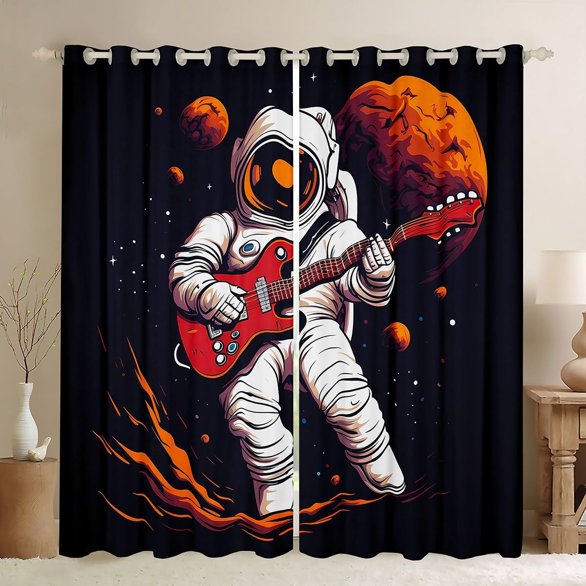 Kids Astronaut & Guitar Window Curtains - Galaxy Space Theme Rock Music Drapes for Boys Bedroom (104x96 Inch, Navy Blue) | Perfect for Teen Room Decor, Nursery, Playroom & Space-Themed Parties