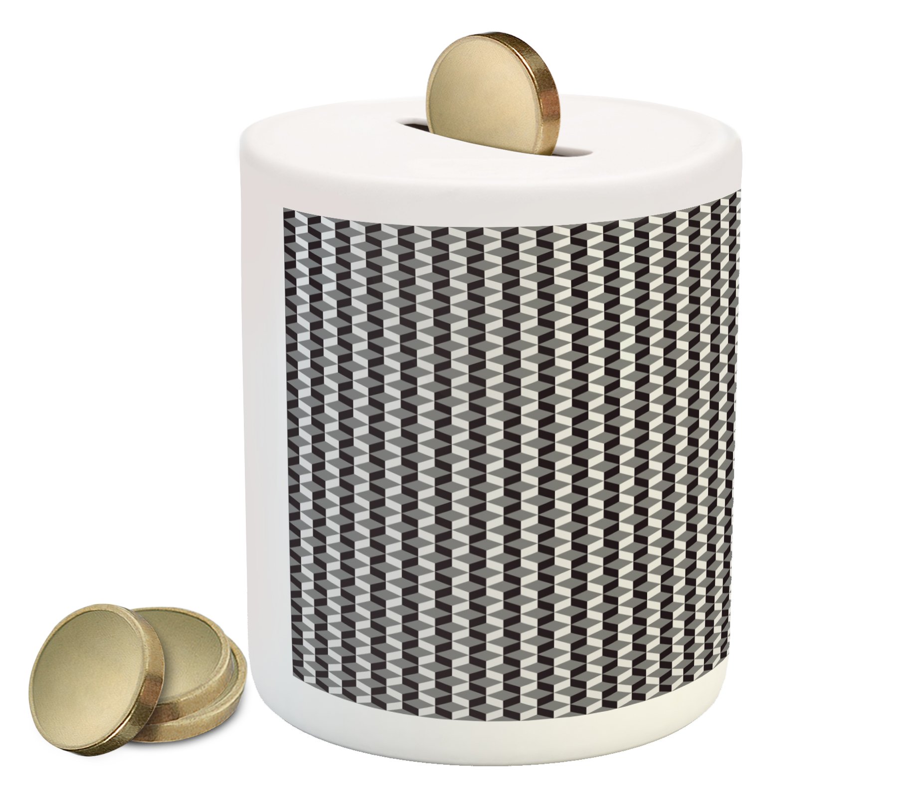 Ambesonne Geometric Ceramic Piggy Bank - Herringbone Zigzags & Stacked Cubes Pattern in Black, Grey & Pale Grey | Money Saving Coin Bank for Kids & Adults | Perfect for Birthday Gifts, Home Decor & Financial Education