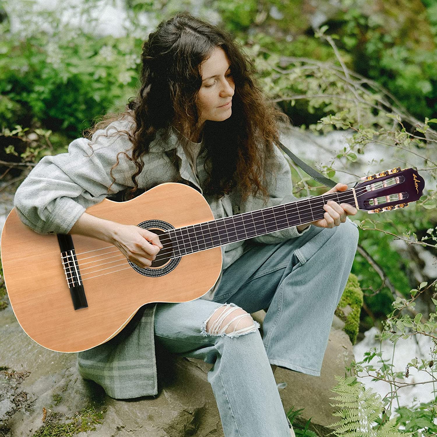 ADM Full Size Classical Acoustic Guitar with Nylon Strings (29 x 75 x 50mm) - Complete Starter Bundle for Adults & Beginners Including Gig Bag, Tuner, Footstool & Free Lessons - Perfect for Home Practice, Music Classes & Performances