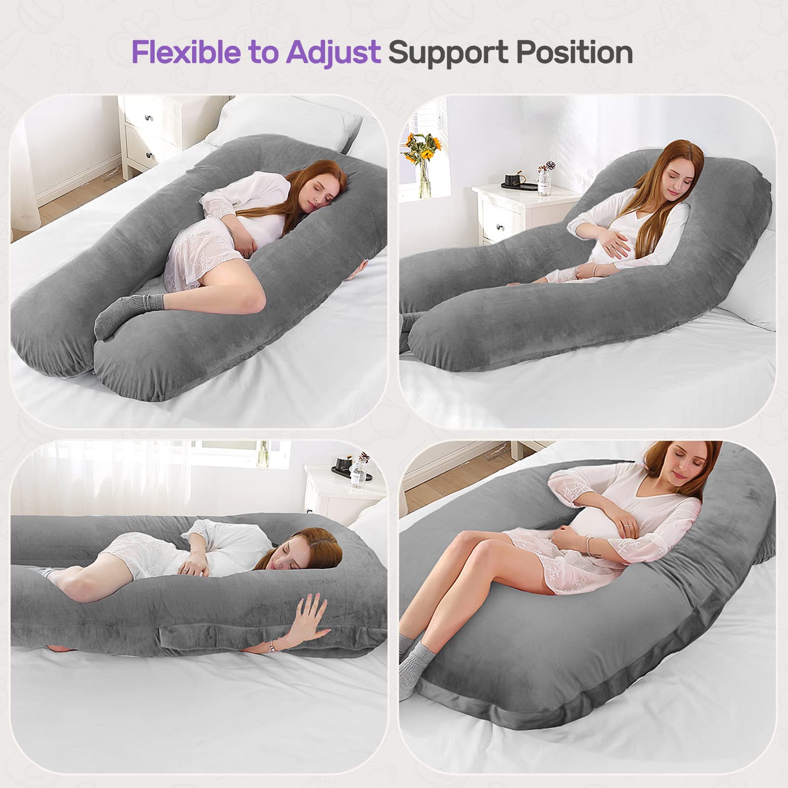 Nuliie U-Shaped Pregnancy Pillow for Sleeping - Full Body Maternity Pillow with Washable Velvet Cover, Supports Back, Hips & Legs for Pregnant Women (Grey) - Perfect for Side Sleeping, Nursing & Comfort During Pregnancy