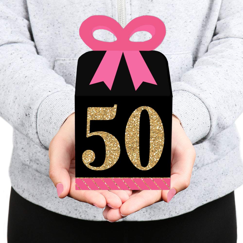Chic 50th Birthday Gift Boxes - Pink, Black & Gold - Set of 12 for Party Favors