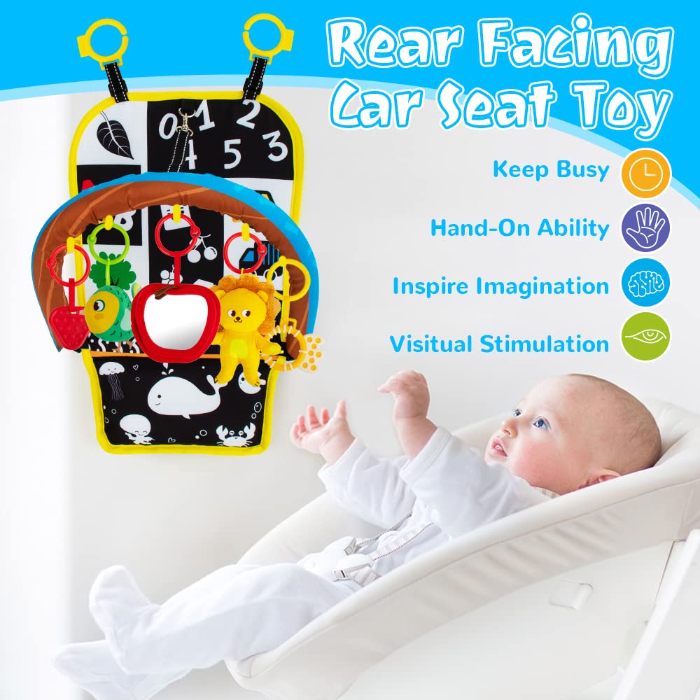 Teytoy Adjustable Baby Car Seat Toys for Infants 0-6 Months - Double-Sided Sensory Hanging Toy with Mirror, Rattle & Teether - Perfect for Rear-Facing Car Seats & Stroller Entertainment