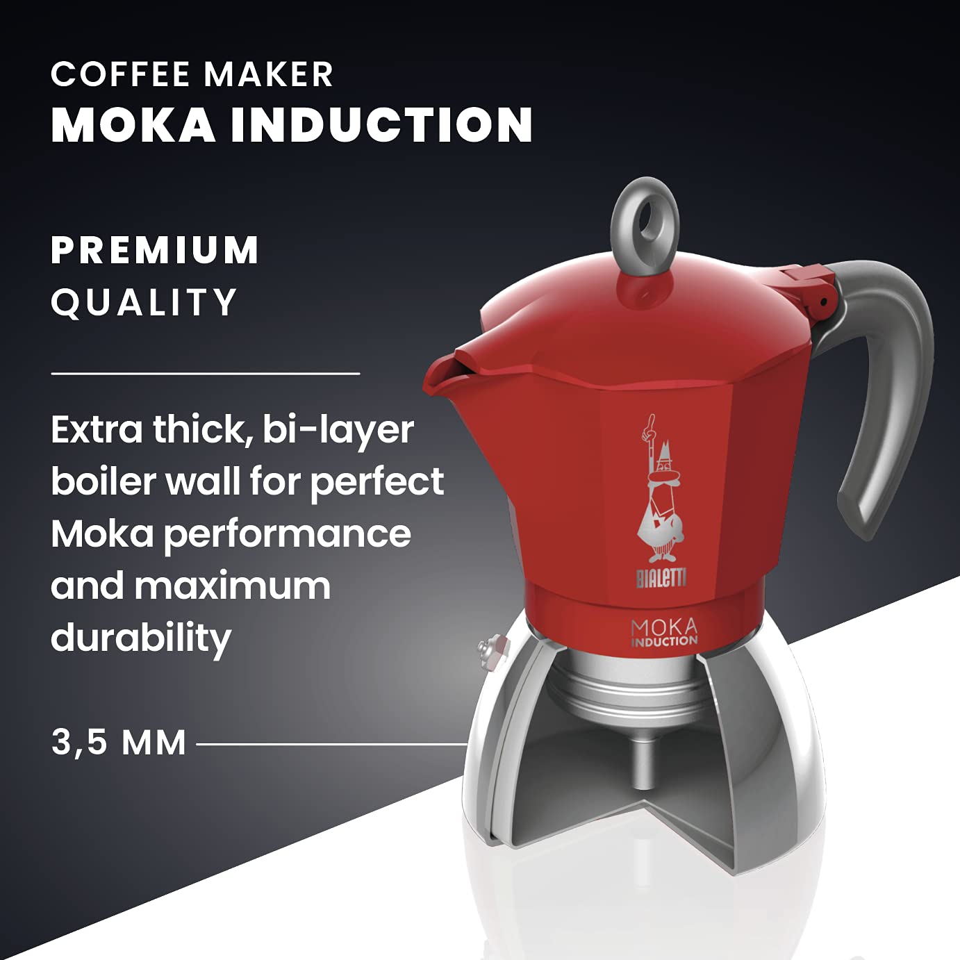 Bialetti New Moka Induction Coffee Maker - 4 Cup (150ml) Aluminum Stovetop Espresso Pot for Gas & Induction Cooktops - Italian Made Red Moka Pot for Home & Office Coffee Brewing