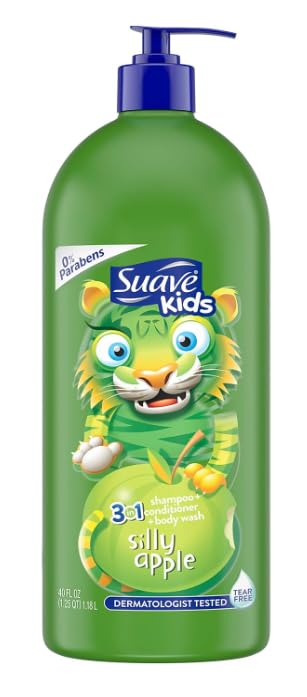 Suave Kids 3-in-1 Shampoo, Conditioner & Body Wash - Apple Scented, Tear-Free Formula, 40oz Bottle for Gentle Hair & Skin Care - Perfect for Bath Time, Travel & Daily Use