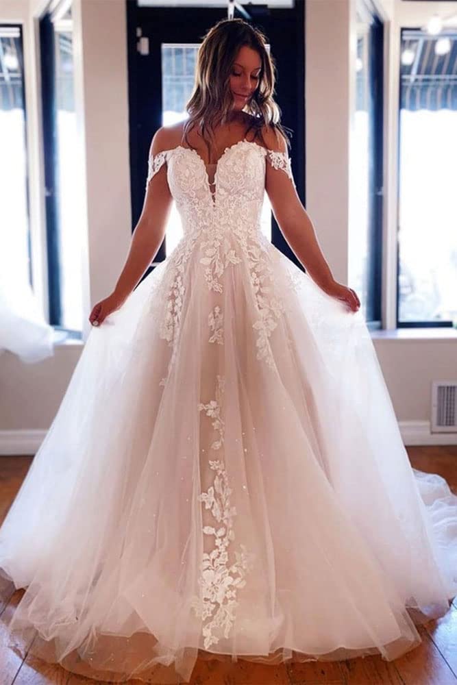 XYAYE Off Shoulder Lace Tulle Wedding Dress for Bride - Beaded Puffy Bridal Gown with Long Train | Perfect for Beach, Church, and Formal Wedding Ceremonies