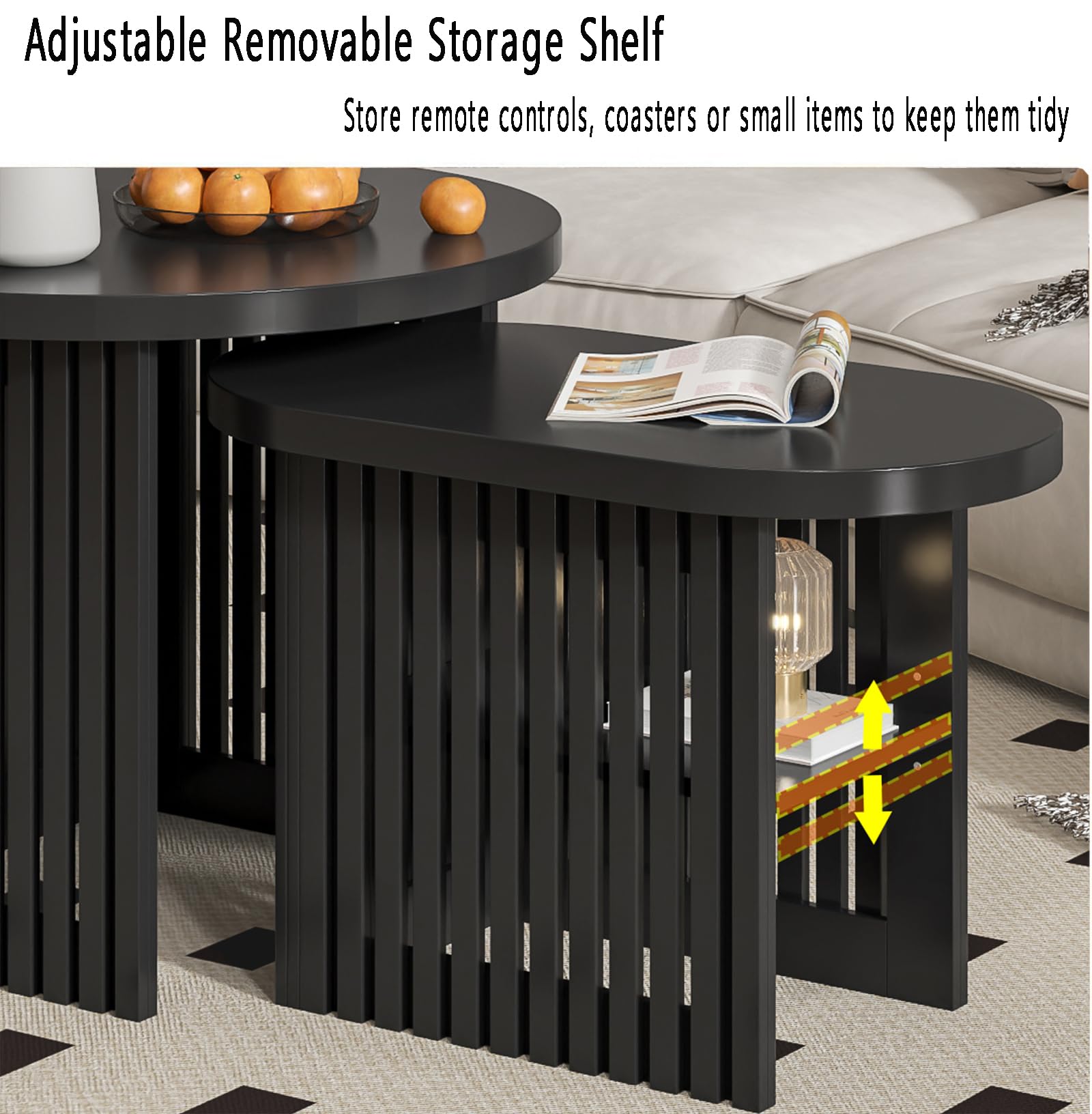 Modern Round Nesting Coffee Table Set of 2 - Fluted Panel Design with Storage Shelf - Living Room Side Tables for Small Spaces (Black) - Perfect for Coffee, Books & Decor in Apartments and Condos