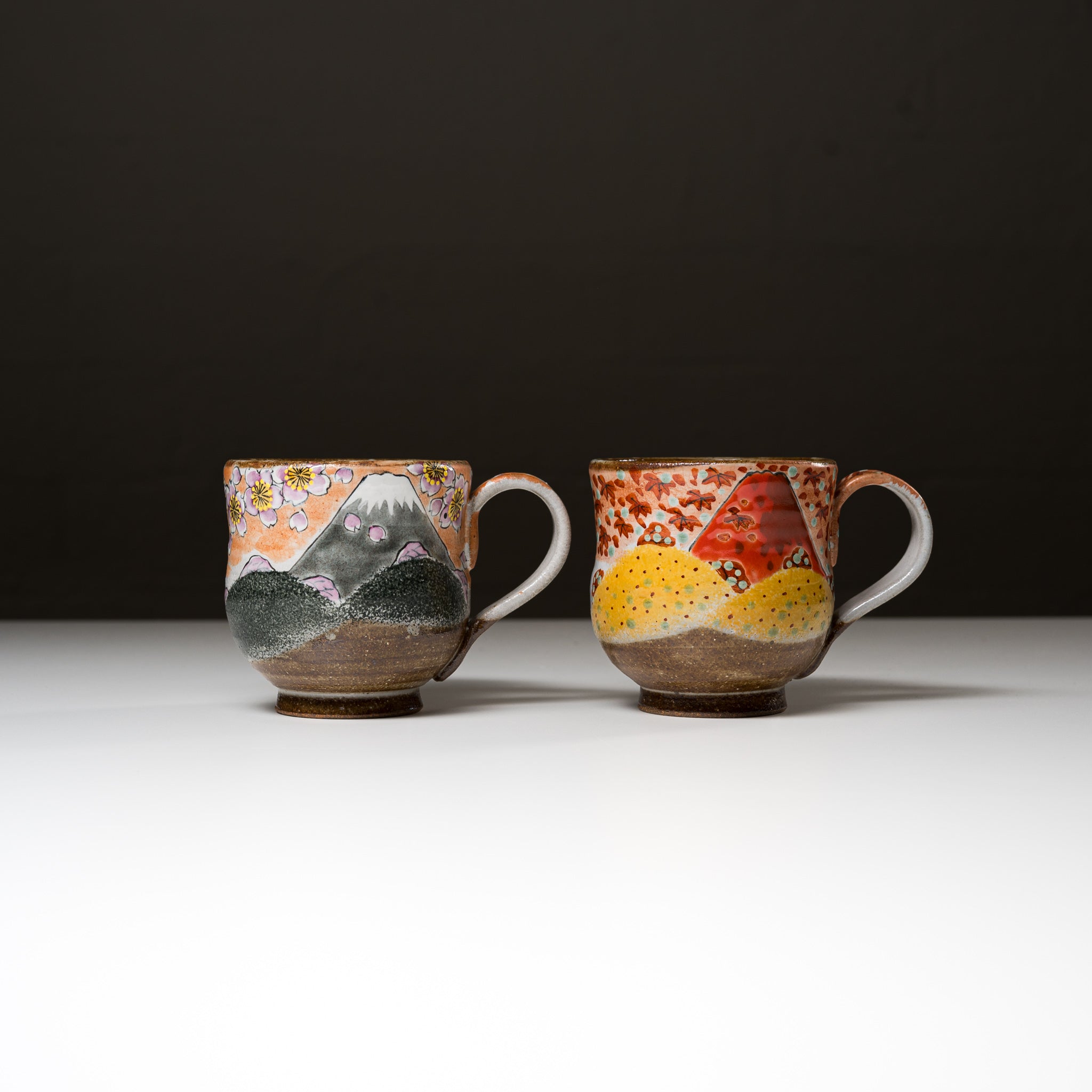 Kutani Ware Pair Mug Cup with Mt Fuji Design - Traditional Japanese Ceramic Tea Cups for Coffee, Tea, or Hot Chocolate - Perfect for Couples, Gift Giving, and Home Decor