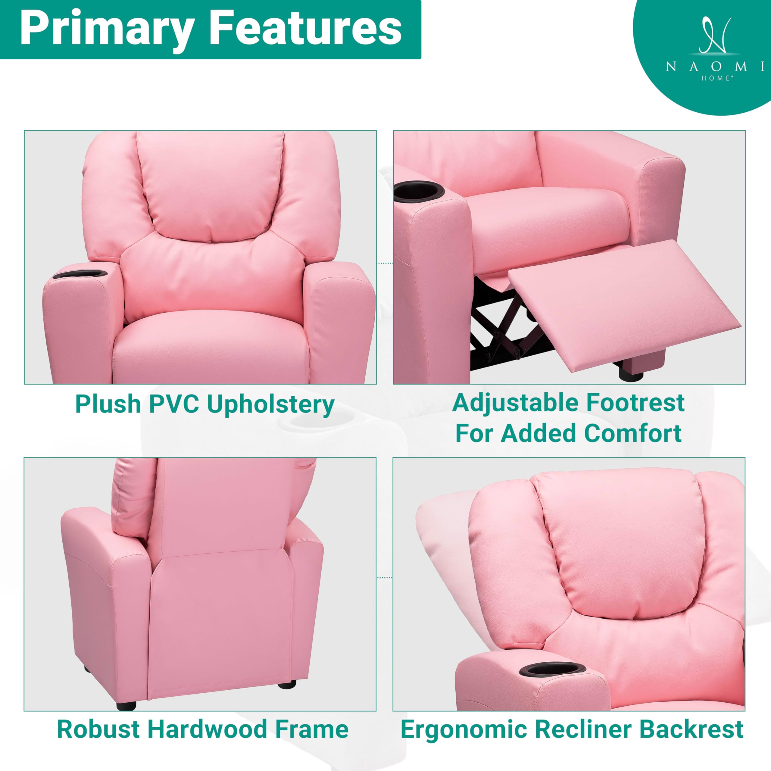 Naomi Home Suri Push Back Kids Recliner Chair with Footrest & Cup Holders - Toddler Recliner for Boys & Girls Ages 3+ (Pink) - Perfect for Playrooms, Bedrooms & TV Time - Durable PVC Kids Furniture for Relaxing & Snacking