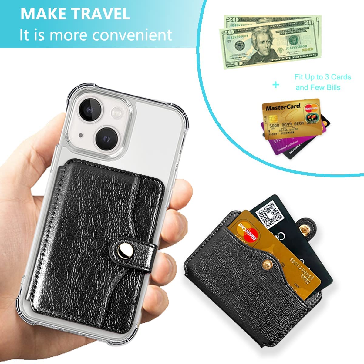 Stick-On Phone Wallet - Slim Credit Card Holder for iPhone & Android, Adhesive Back Phone Card Holder for iPhone 13/12/11 Pro Max, Samsung Galaxy - Perfect for Gym, Travel & Daily Use (Black)