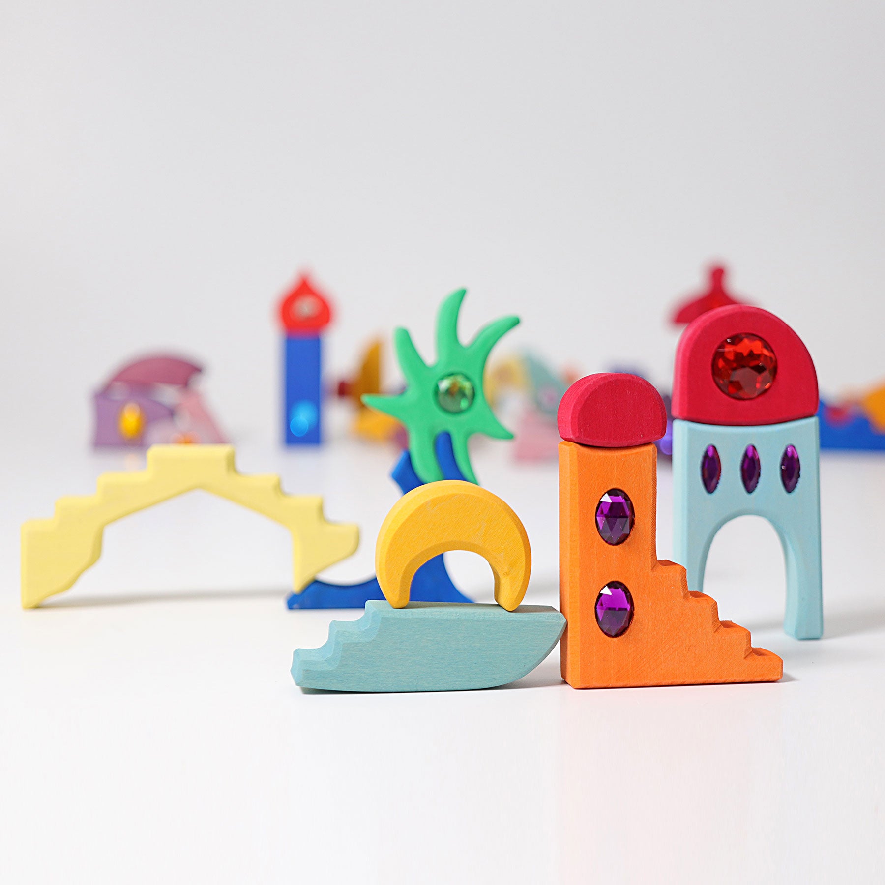 Grimm's Sparkling Orient Building Set - Wooden Rainbow Blocks for Kids, Creative Educational Toys | Perfect for Montessori Learning, Sensory Play & Home Decor