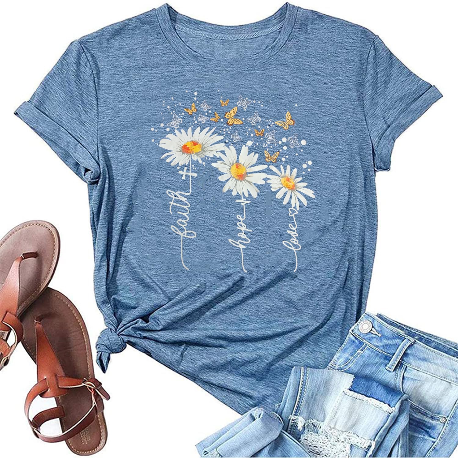Christian Faith T-Shirts for Women - Butterfly Daisy Graphic Casual Tee - Perfect for Church, Bible Study & Everyday Wear