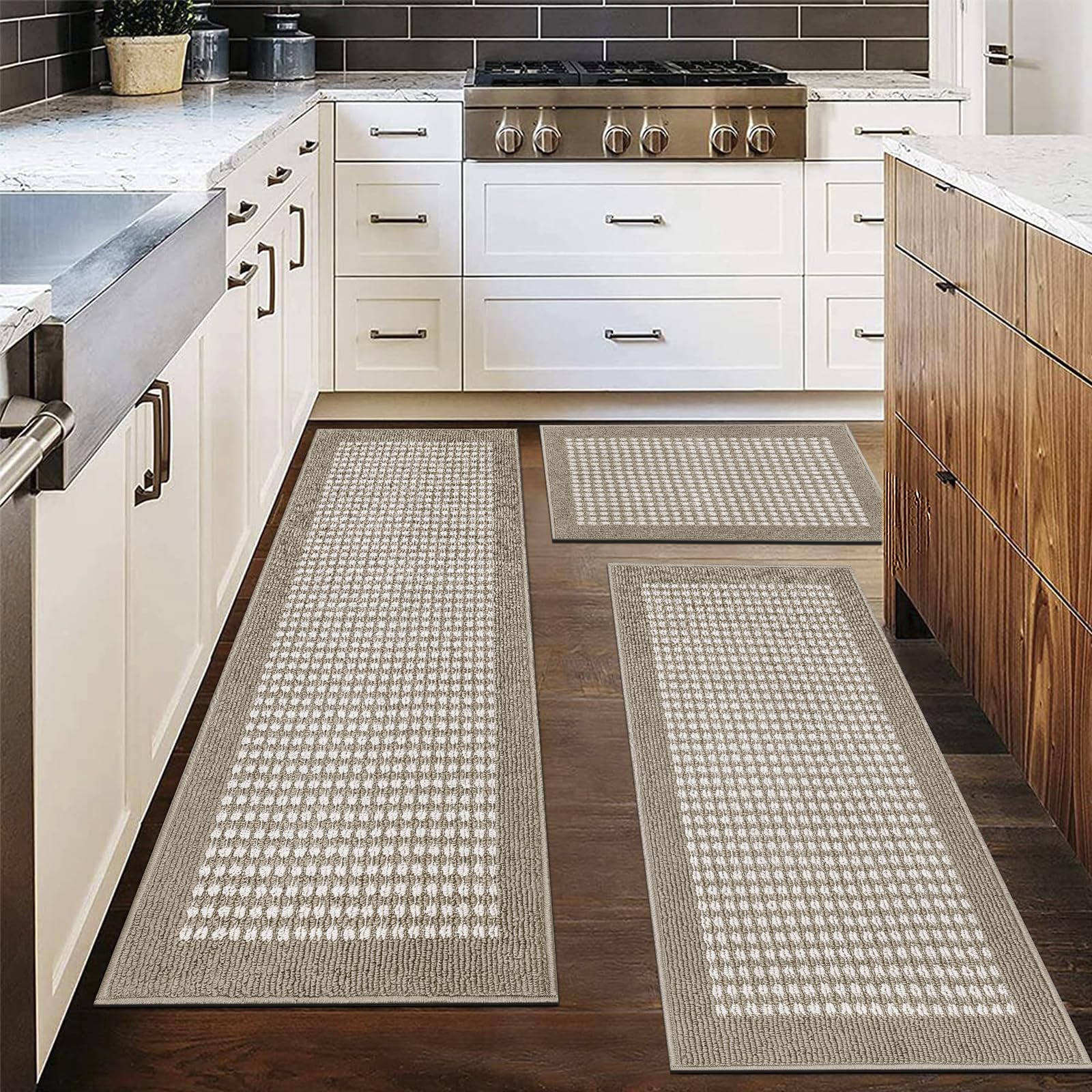 Non-Slip 3-Piece Kitchen Mat Set - 3D Lattice Farmhouse Floor Rugs with Washable Rubber Backing - Beige Kitchen Runner for Laundry, Hallway & Entryway | Durable & Stylish Home Decor
