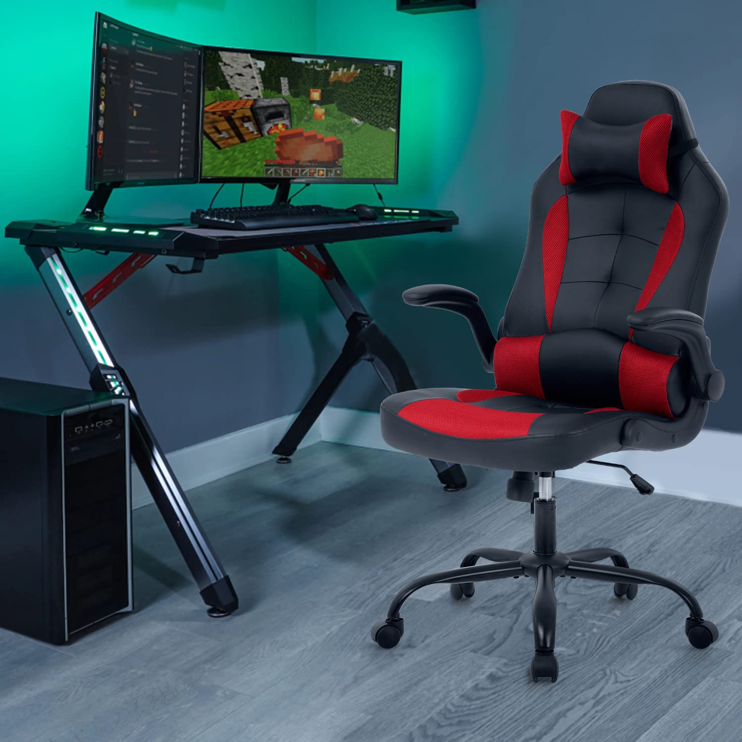 Ergonomic Gaming Chair for Adults - PU Leather Swivel Rolling Adjustable Video Game Chair with Lumbar Support, Flip-Up Arms & Headrest - Perfect for PC Gaming, Office Work & Streaming Setup (Men & Women)