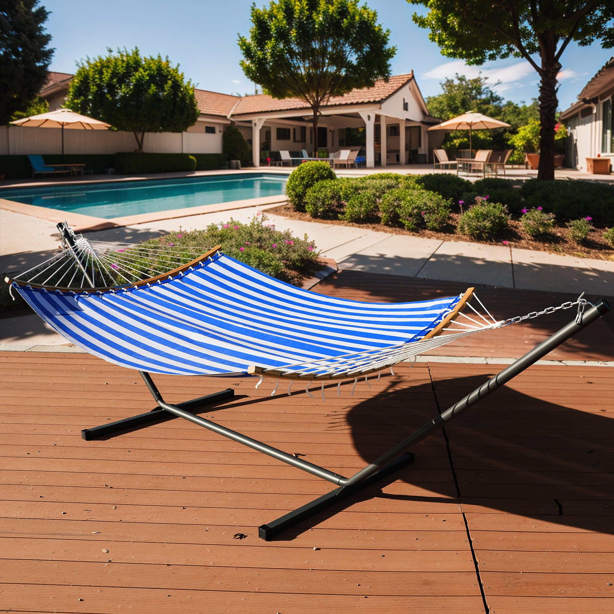 12 FT Quick-Dry Double Hammock with Curved Bamboo Spreader Bar & Steel Stand - 450 lbs Capacity Blue/White for Backyard, Patio & Camping - Perfect for Relaxation, Lounging & Outdoor Adventures