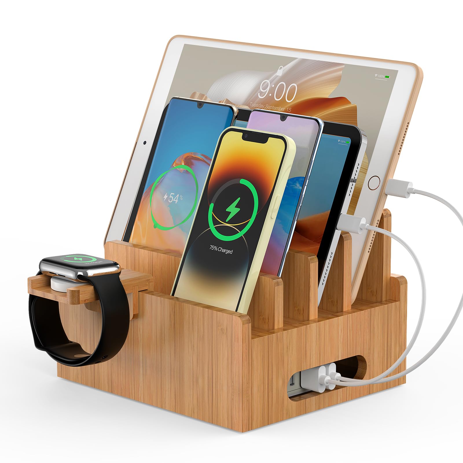Pezin & Hulin Bamboo Charging Stand - Multi-Device Dock Organizer for iPhone, Android Phone, Tablet & Smart Watch - Includes 5 Charging Cables (No Power Adapter) - Perfect for Home, Office & Nightstand Organization