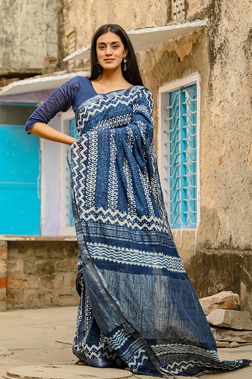 Handblock Printed Indigo Cotton Saree with Slub Texture – Elegant Traditional Indian Attire for Weddings, Festivals & Special Occasions