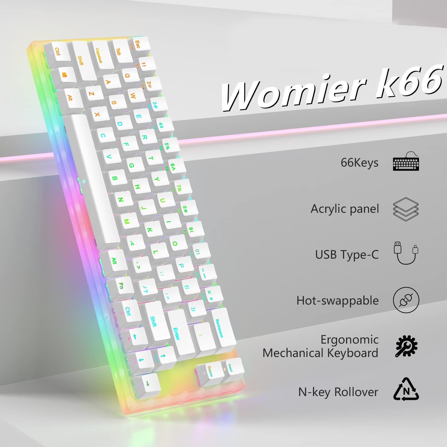 Womier K66 60% Hot Swappable RGB Mechanical Gaming Keyboard with Gateron Yellow Switches - Compact Wired Keyboard for PC, PS4, Xbox - Perfect for Gaming, Typing & Office Work (White)