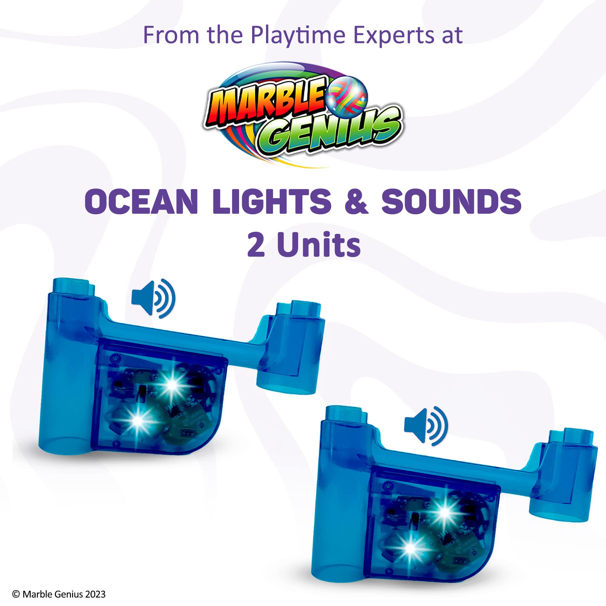 Marble Genius Marble Run Lights & Sounds Accessory Set - 9 Ocean Sound Effects & 2 Flashing LED Lights | STEM Educational Toy for Kids Ages 3+ | Compatible with All Marble Genius Sets | Perfect for Sensory Play & Early Learning Activities (Light Blue Ocean Theme)