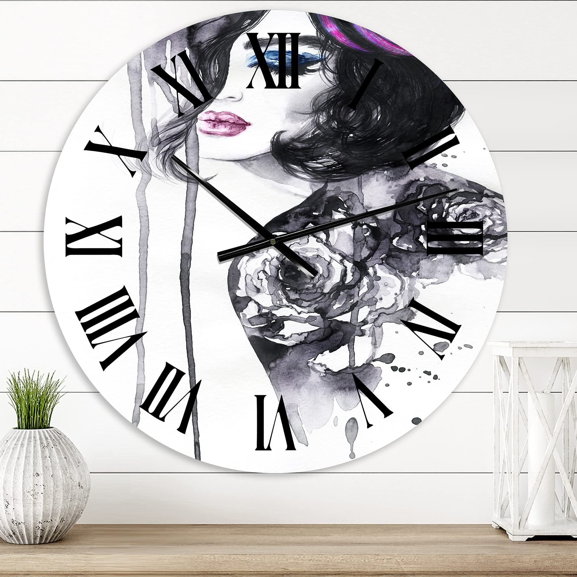 DesignQ Modern Large Wall Clock - Elegant Female Portrait Painting for Living Room, Bedroom & Office Decor | Silent Non-Ticking Home Wall Art
