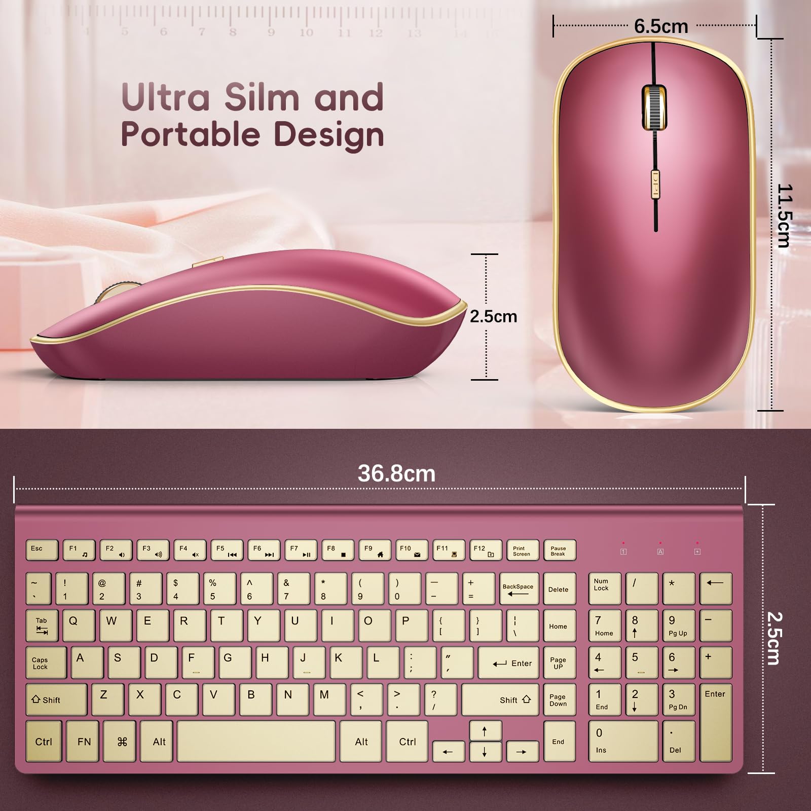 JOYACCESS 2.4G Wireless Keyboard and Mouse Combo - Slim Ergonomic Full-Size Portable Design for Laptop PC Windows Mac - Wine Red & Gold - Perfect for Home Office Gaming and Remote Work