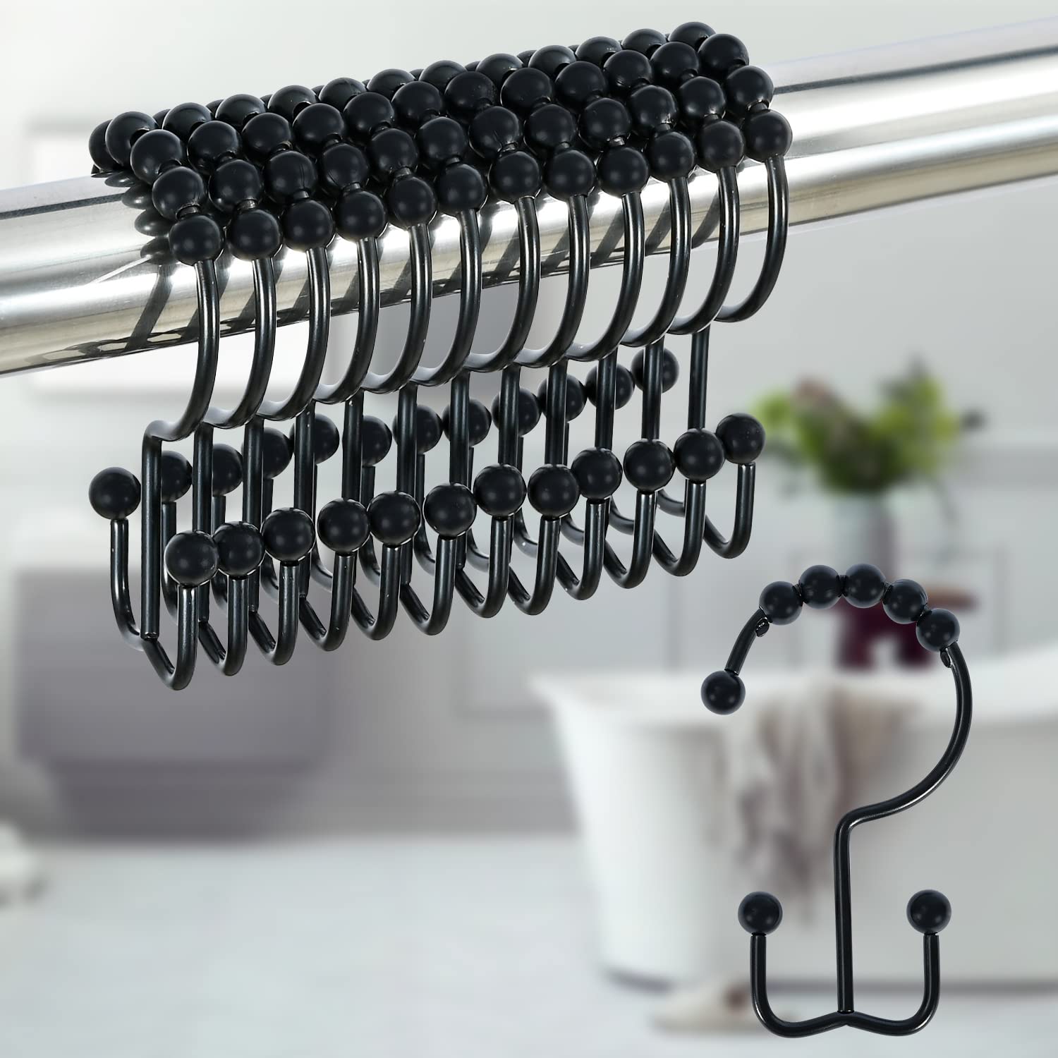 DERZGAO 12-Pack Double Sided Shower Curtain Hooks - Rustproof Roller Ball Hooks for Bathroom & Shower - Decorative Dual Curtain Hooks Set in Black - Perfect for Bathroom Organization & Home Decor
