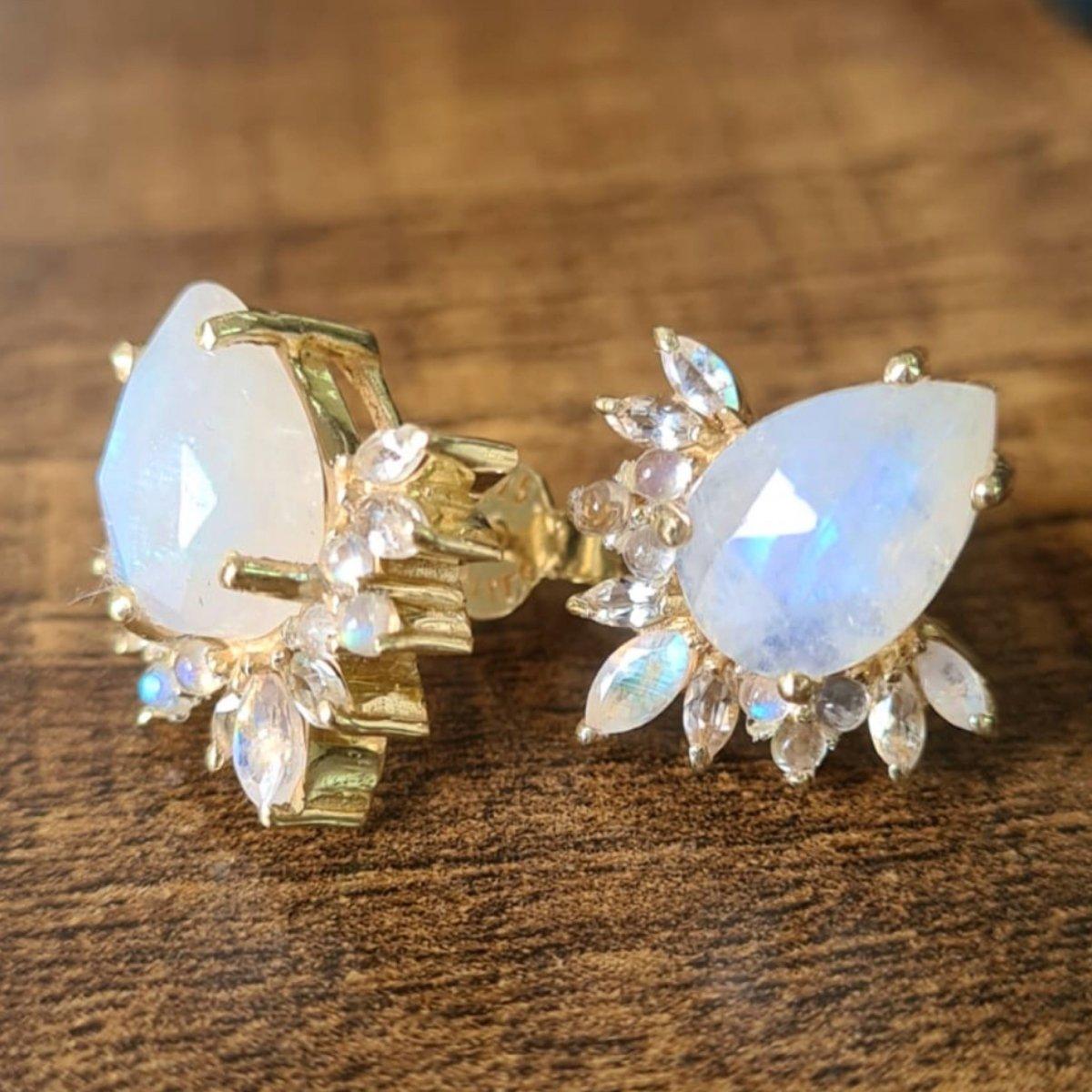 Laihas Gold Crystal Topaz and Moonstone Stud Earrings for Women – Elegant Tear Drop Design, Perfect for Weddings, Parties & Evening Events