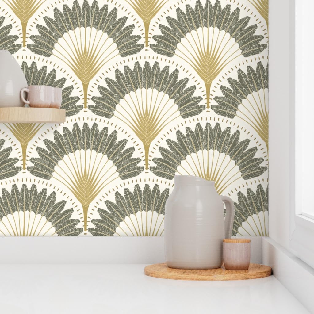 Peel & Stick Wallpaper 12ft x 2ft - Neutral Botanicals with Palm & Art Deco Fan Design | Removable Self-Adhesive Wallpaper for Bedroom, Living Room & Office Decor | Trendy Custom Wall Covering by Spoonflower