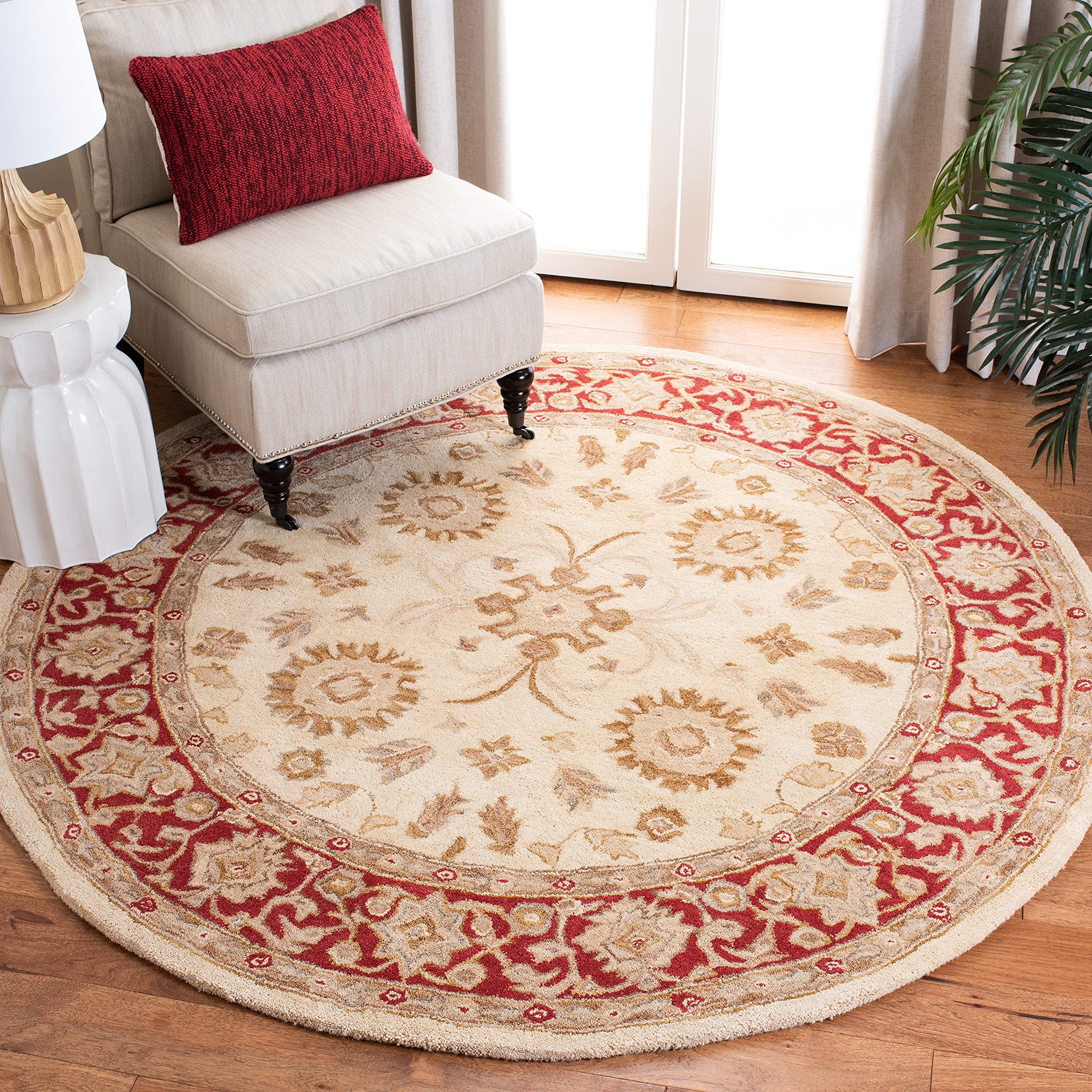 SAFAVIEH Anatolia Collection 4' Round Ivory/Red AN551A Handmade Traditional Oriental Premium Wool Area Rug for Living Room, Bedroom & Home Decor - Soft & Durable Floor Covering