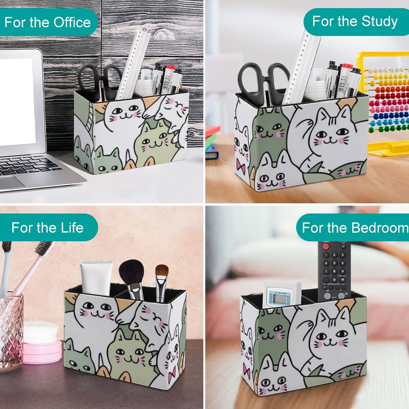Cartoon Doodle Cats Pen Holder - Stylish Leather Desk Organizer for Pencils, Pens & Makeup Brushes | Perfect for Office, School & College Workspaces