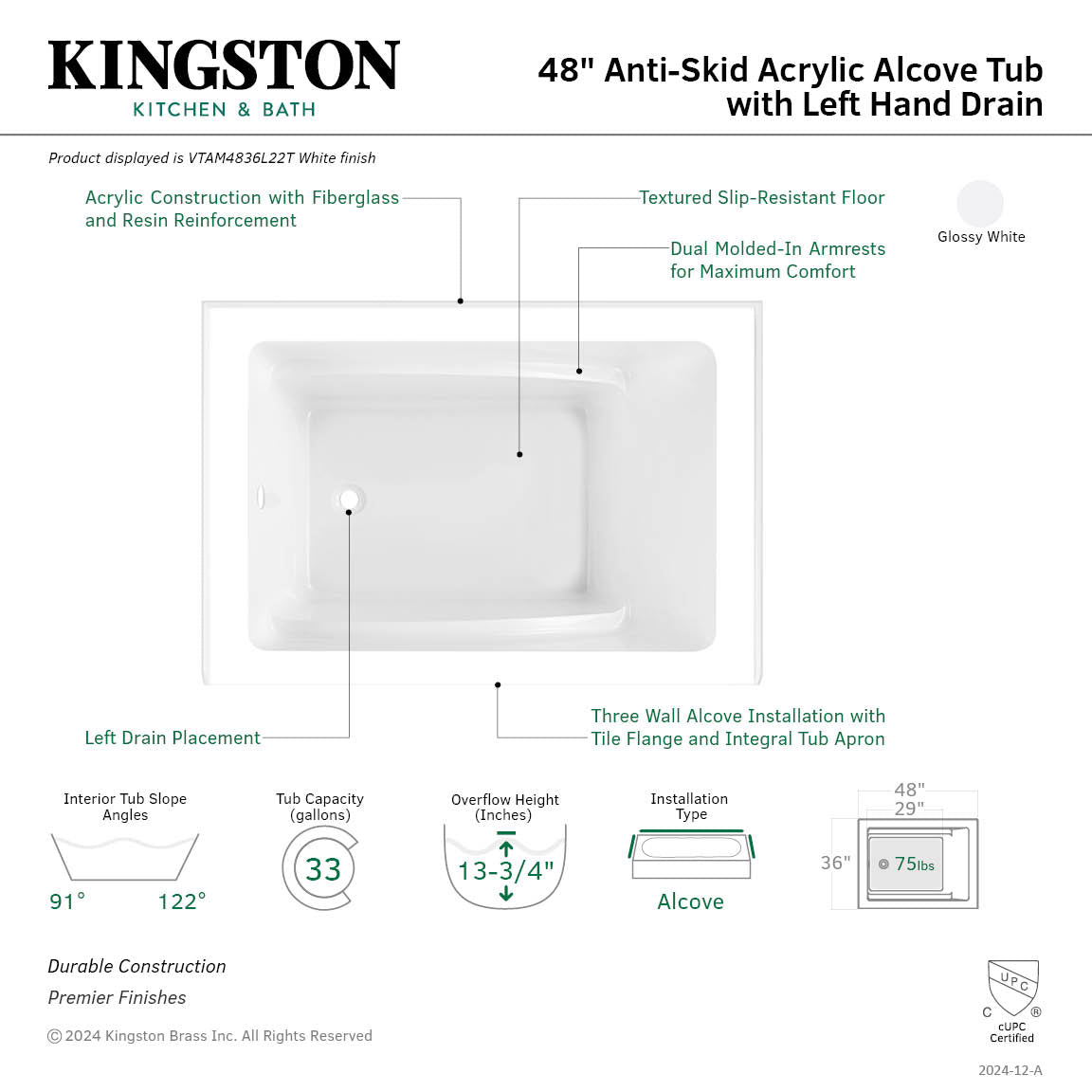Aqua Eden 48 Inch Acrylic Rectangular 3 Wall Alcove Bathtub - Left Hand Drain, Glossy White - Perfect for Modern Bathroom Renovations & Spa-Like Retreats