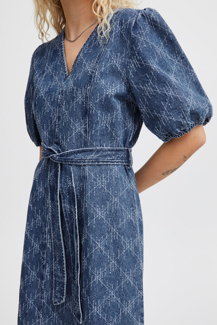 HASKI Women's Denim Midi Dress - Medium Blue Wash, Casual & Stylish for Everyday Wear, Office, or Date Night