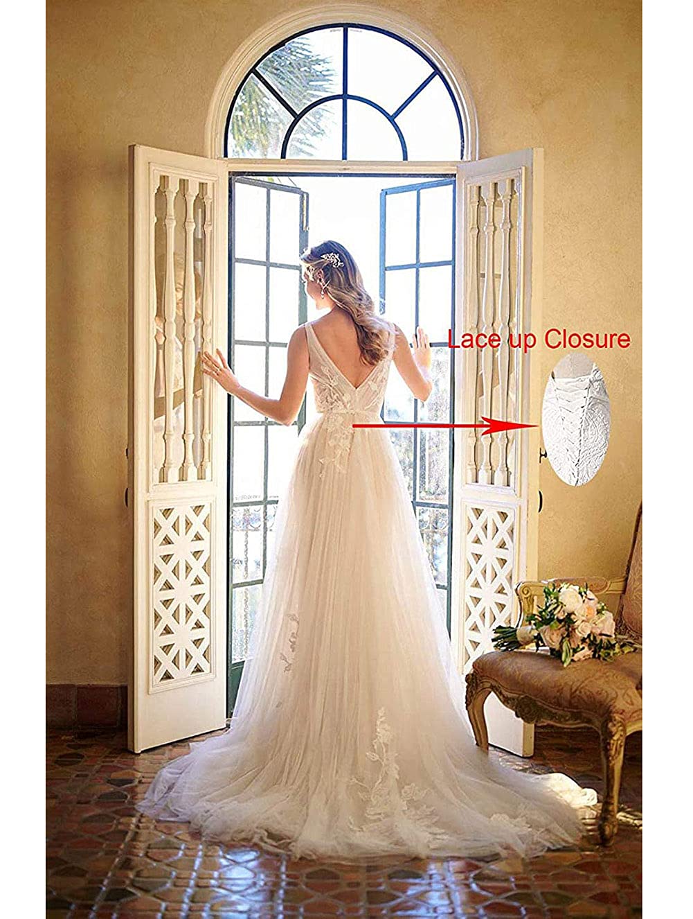 Boho Lace Wedding Dresses for Women - Long Tulle A-Line Backless Bridal Gown in White | Perfect for Beach, Garden & Vintage Theme Weddings