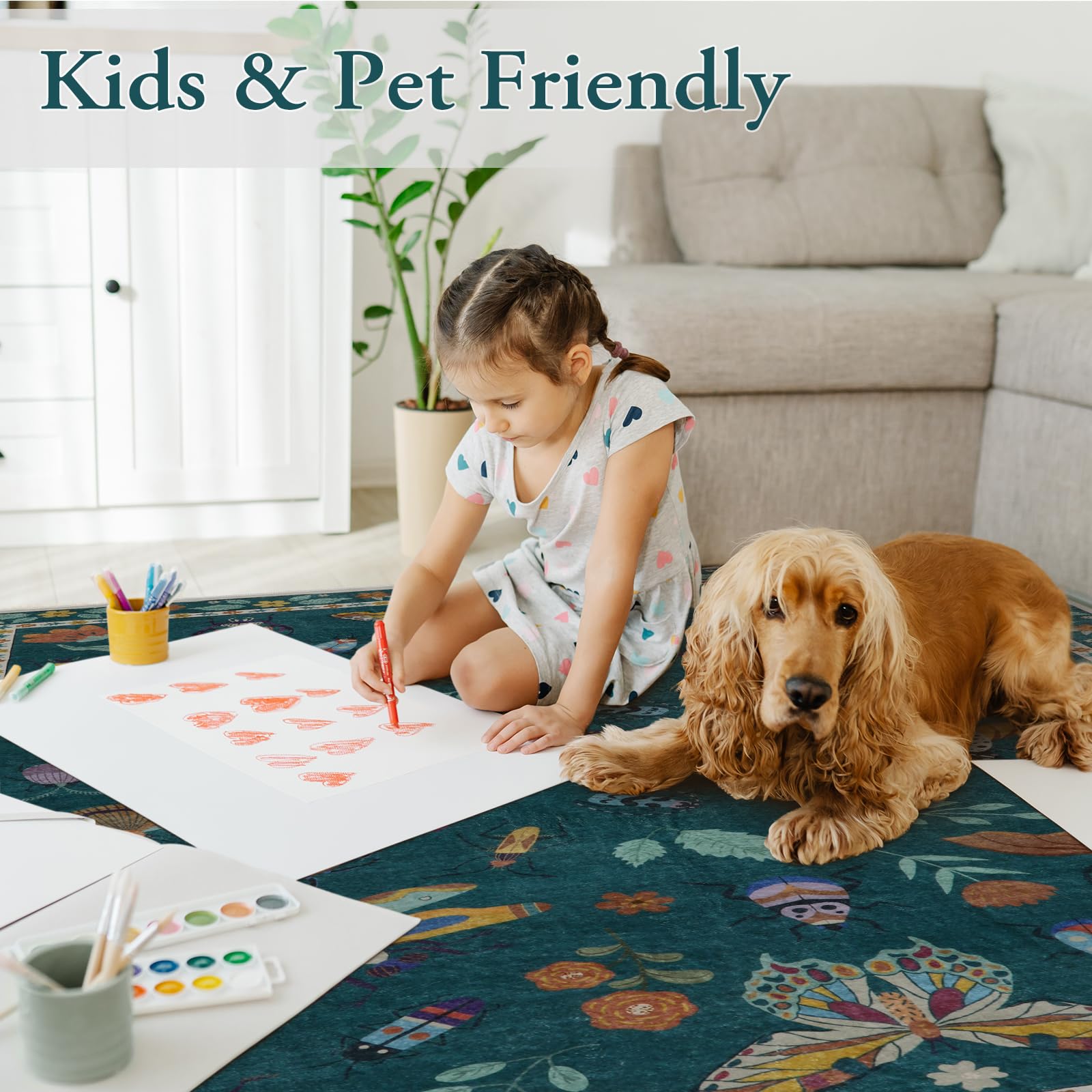 Lahome Insect Print Washable Area Rug 6x9 Feet - Soft Non-Slip Modern Rug for Living Room, Bedroom, Dining Room, Office & Nursery - Ultra-Thin Stain Resistant Large Carpet (Dark Green) | Perfect for Home Decor, Kids Play Area & Pet-Friendly Spaces