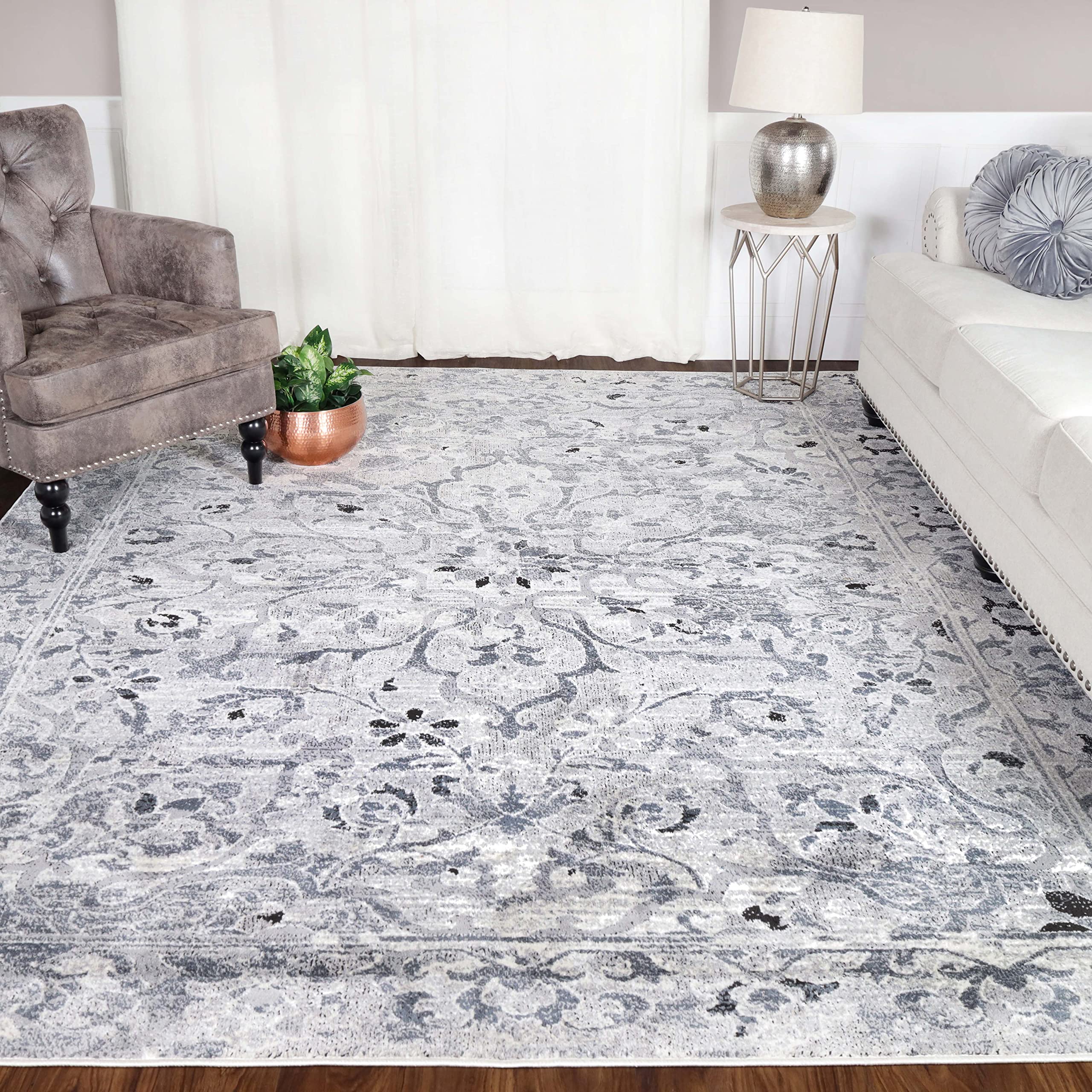 Premium Large Indoor Area Rugs with Natural Jute Backing - Modern Distressed Floral Design - 8' x 10' Platinum - Perfect for Living Room, Bedroom, Dining Area & Office Decor - Caine Collection - Soft & Durable Home Floor Covering for Family Gatherings and Relaxation