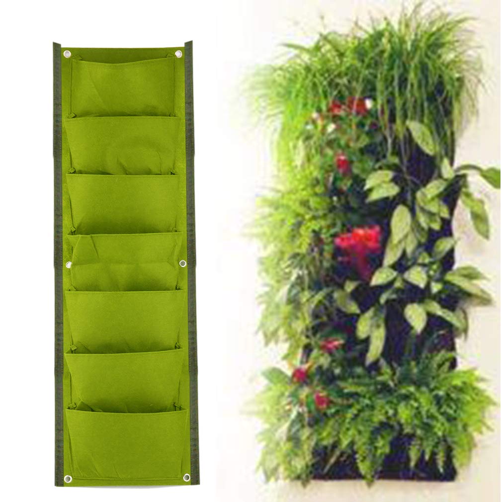 7-Pocket Vertical Garden Planter Wall Hanging Planting Bags - Green Wall-Mounted Flower Grow Bag for Indoor/Outdoor Plants | ELT Home Gardening Supplies for Balcony, Patio & Small Space Decor